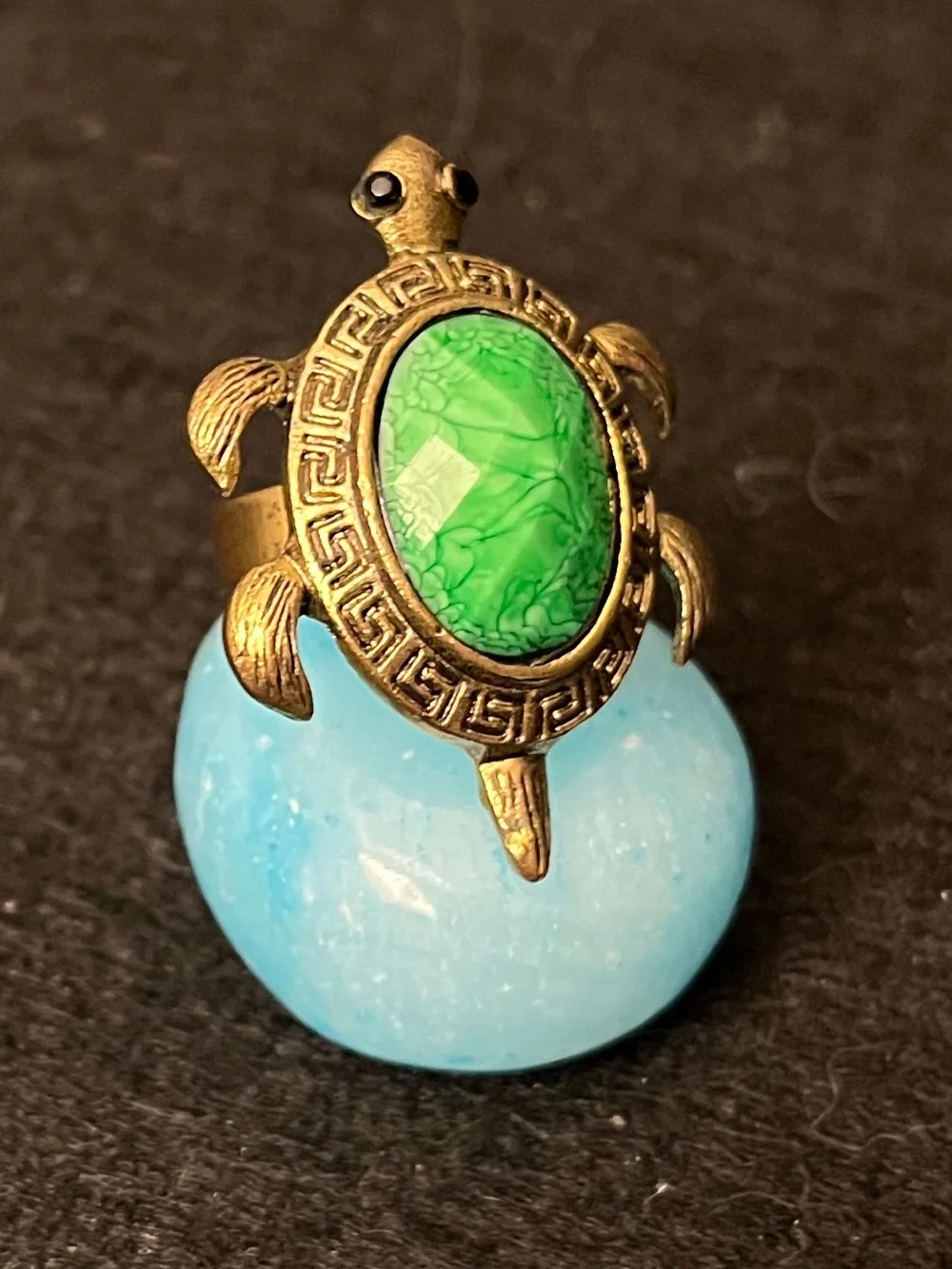 Vintage Turtle Ring with Green Faceted Stone and Antique Gold Finish Adjustable